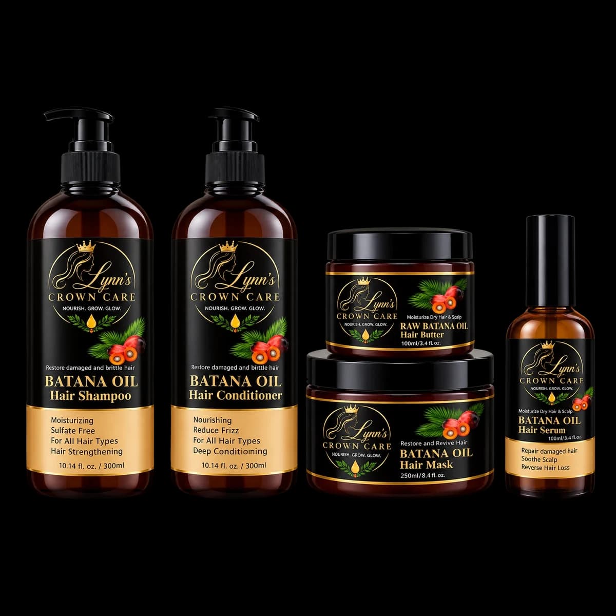 The five-piece Lynn’s Crown Care Batana Oil collection: shampoo, conditioner, hair butter, hair mask, and serum.
