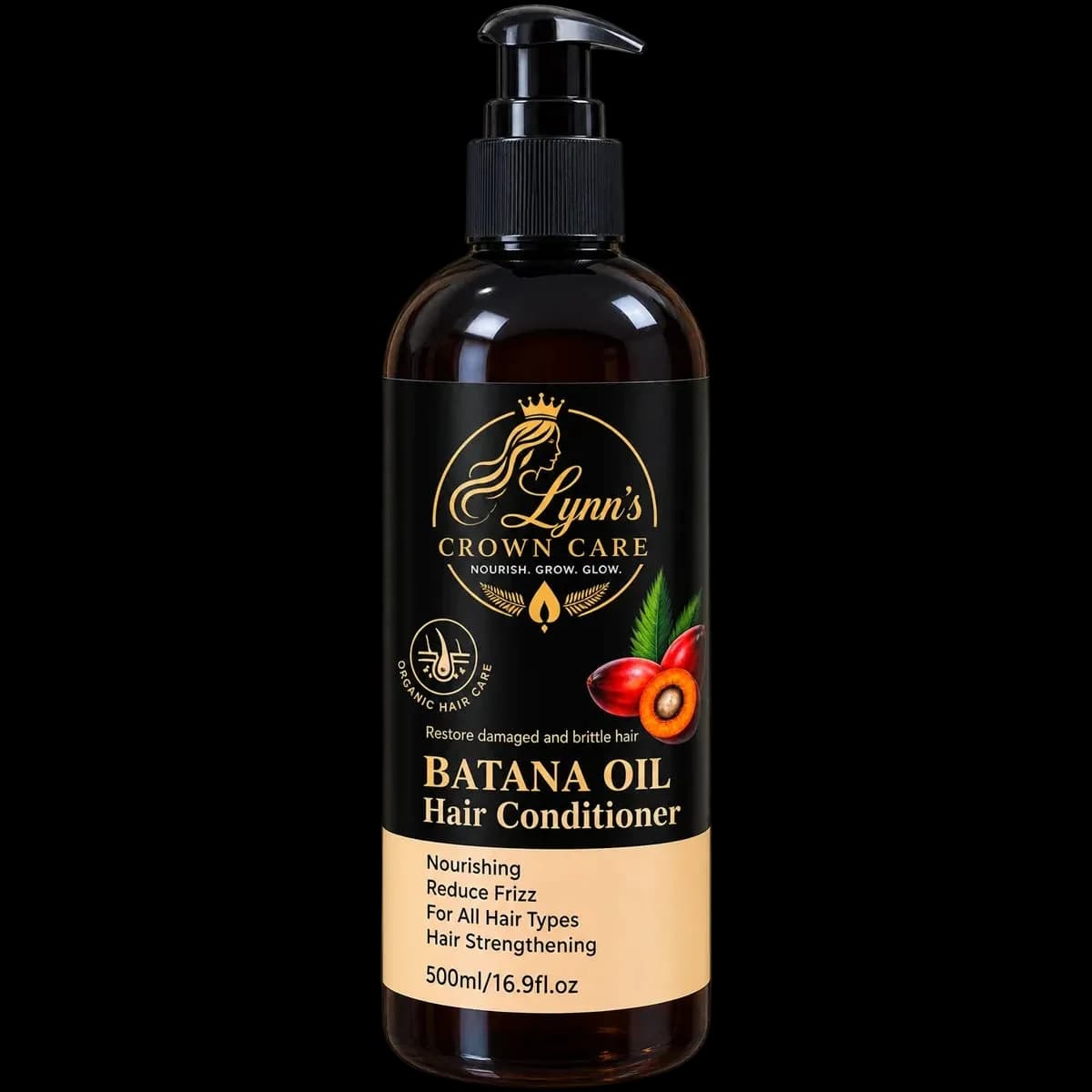 Lynn’s Crown Care Batana Oil Hair Conditioner in a 500 ml amber pump bottle.
