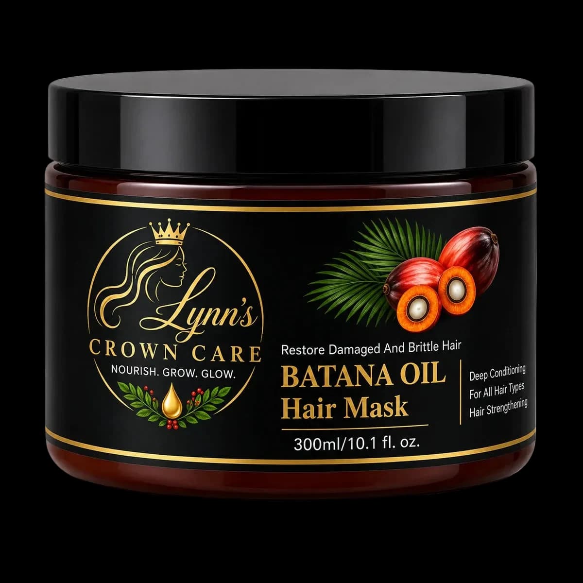 Lynn’s Crown Care Batana Oil Hair Mask in a 300 ml amber jar.
