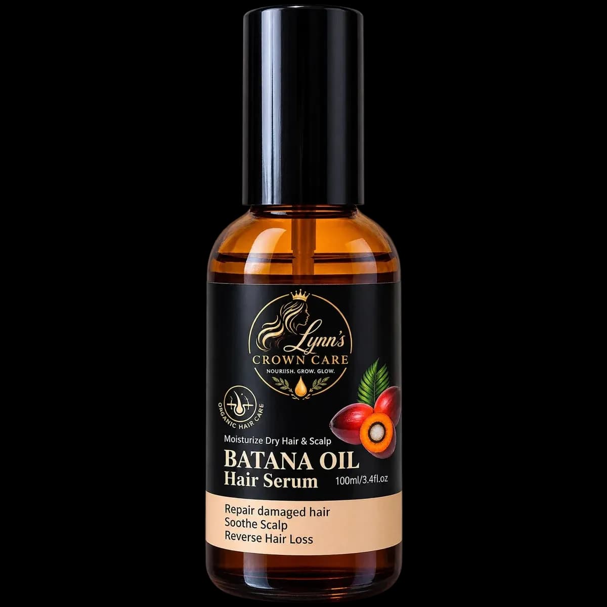 Lynn’s Crown Care Batana Oil Hair Serum in a 100 ml amber bottle.