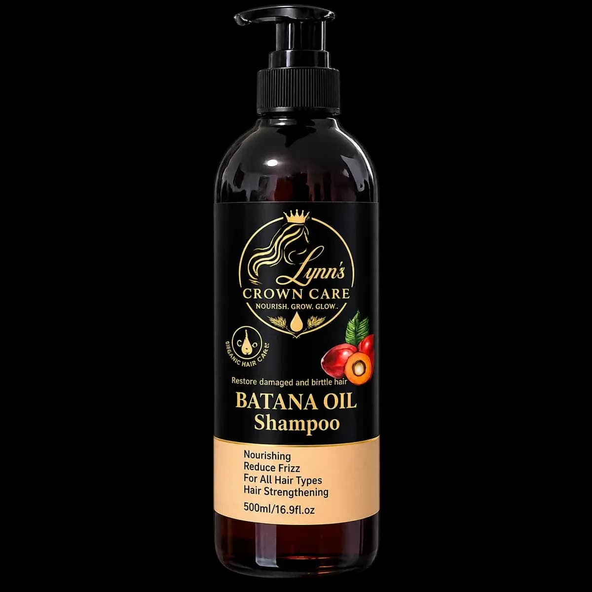 Lynn’s Crown Care Batana Oil Shampoo in a 500 ml amber pump bottle.