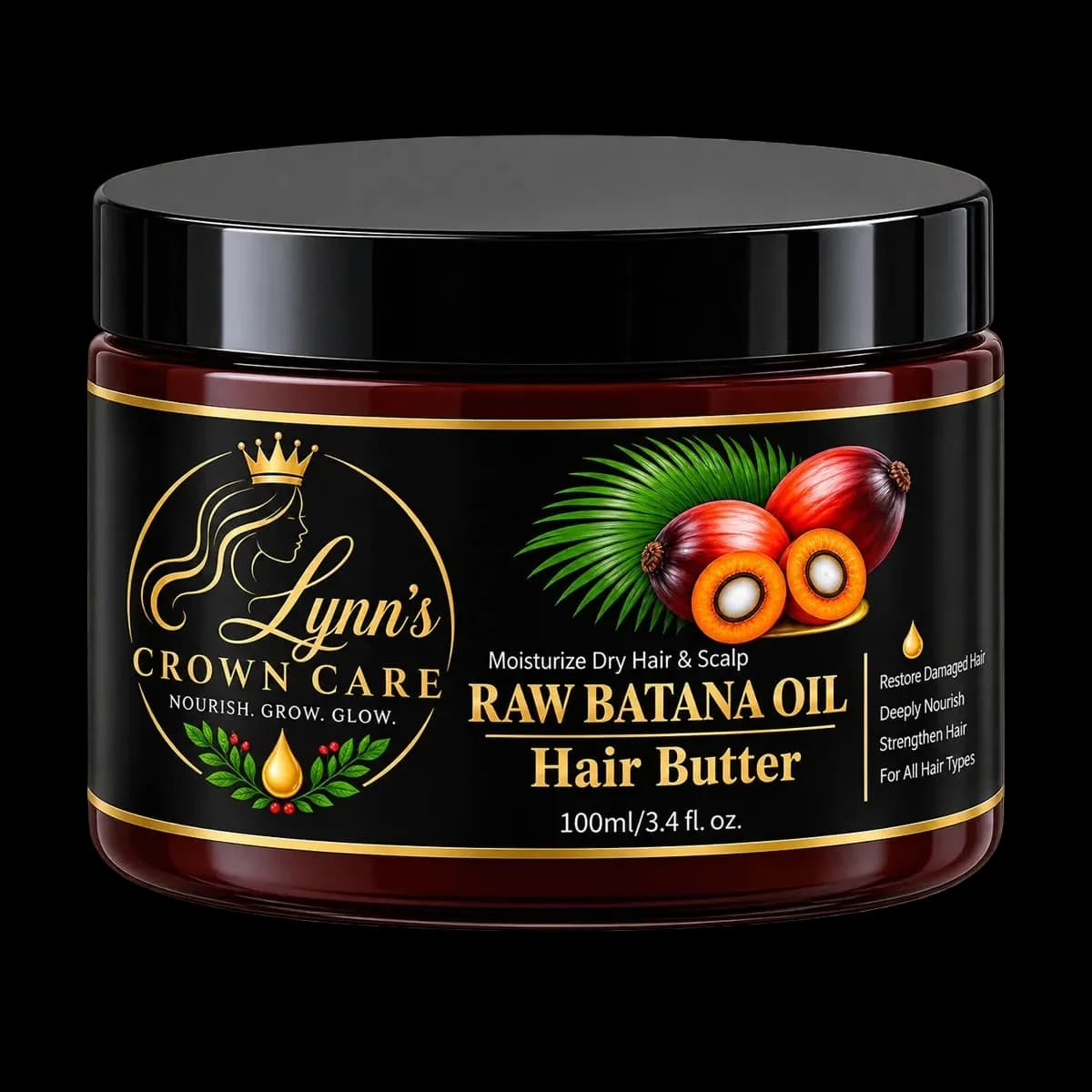 Lynn’s Crown Care Raw Batana Oil Hair Butter in a 100 ml amber jar.